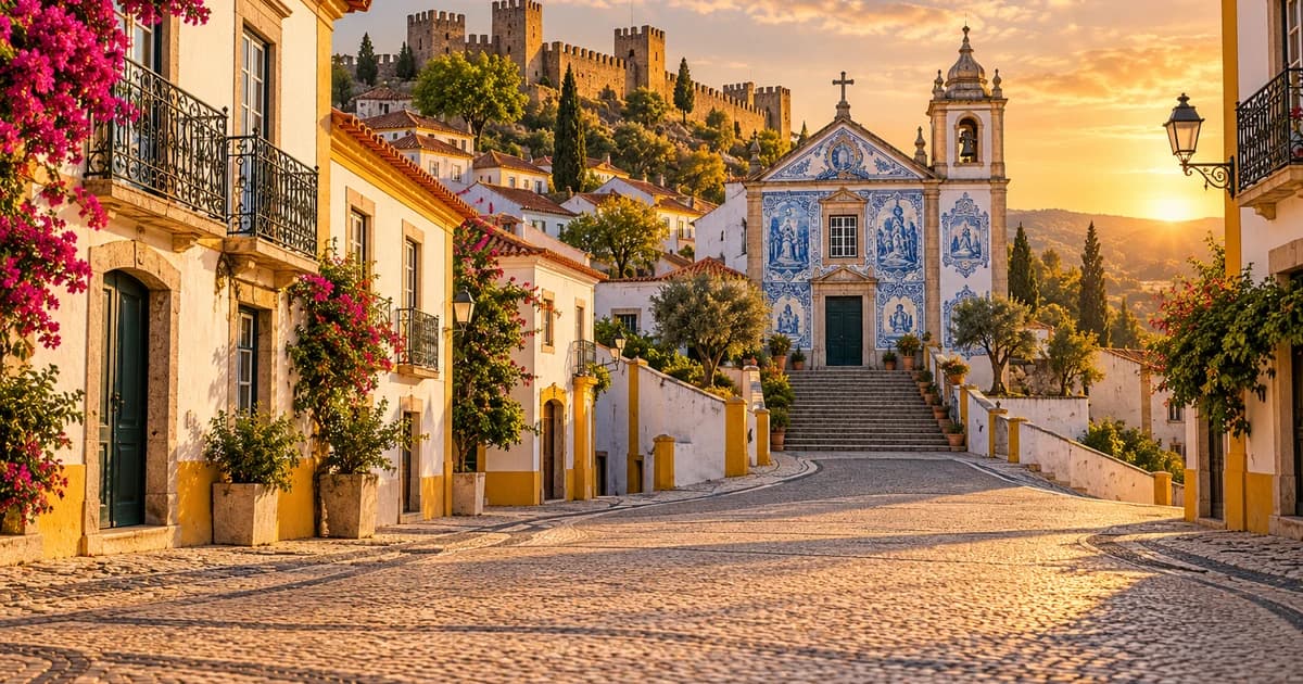 Illustration of a Portuguese old town street with azulejo-tiled façades