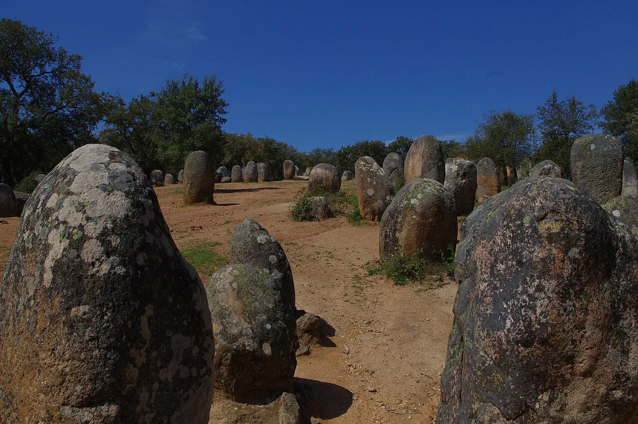 Standing stones of the Almendres Cromlech near Évora.