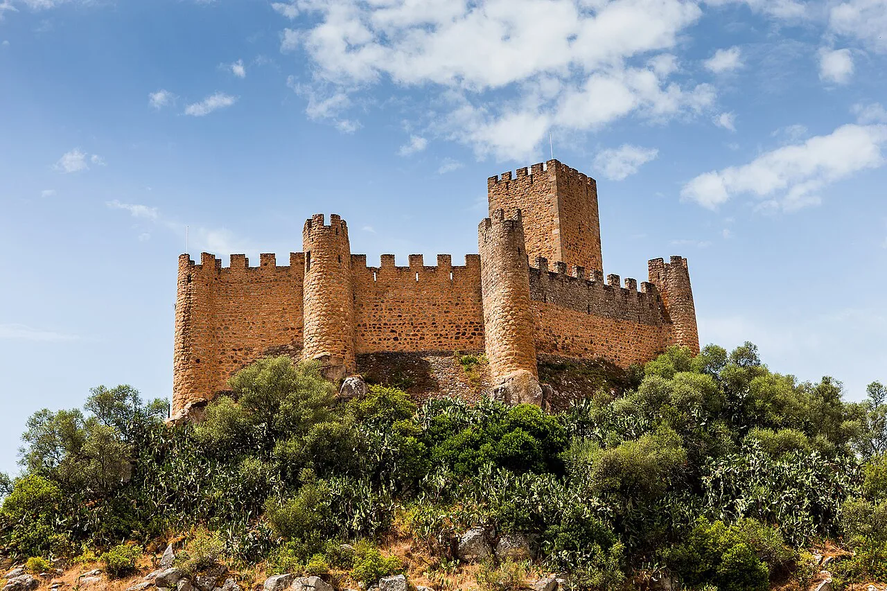 The walls and towers of Almourol Castle above the trees.