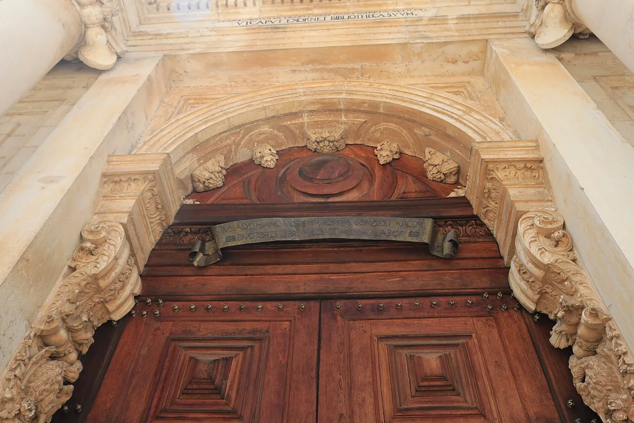 A carved stone doorway at the University of Coimbra in the city's Alta district.