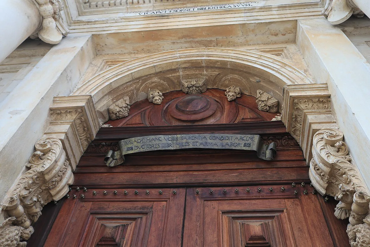 A carved stone doorway at the University of Coimbra in the Alta.
