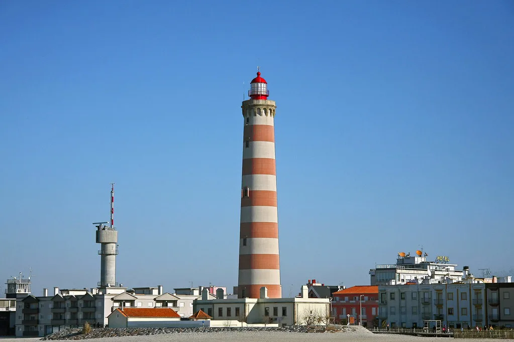 The red-and-white striped Aveiro lighthouse at Praia da Barra.
