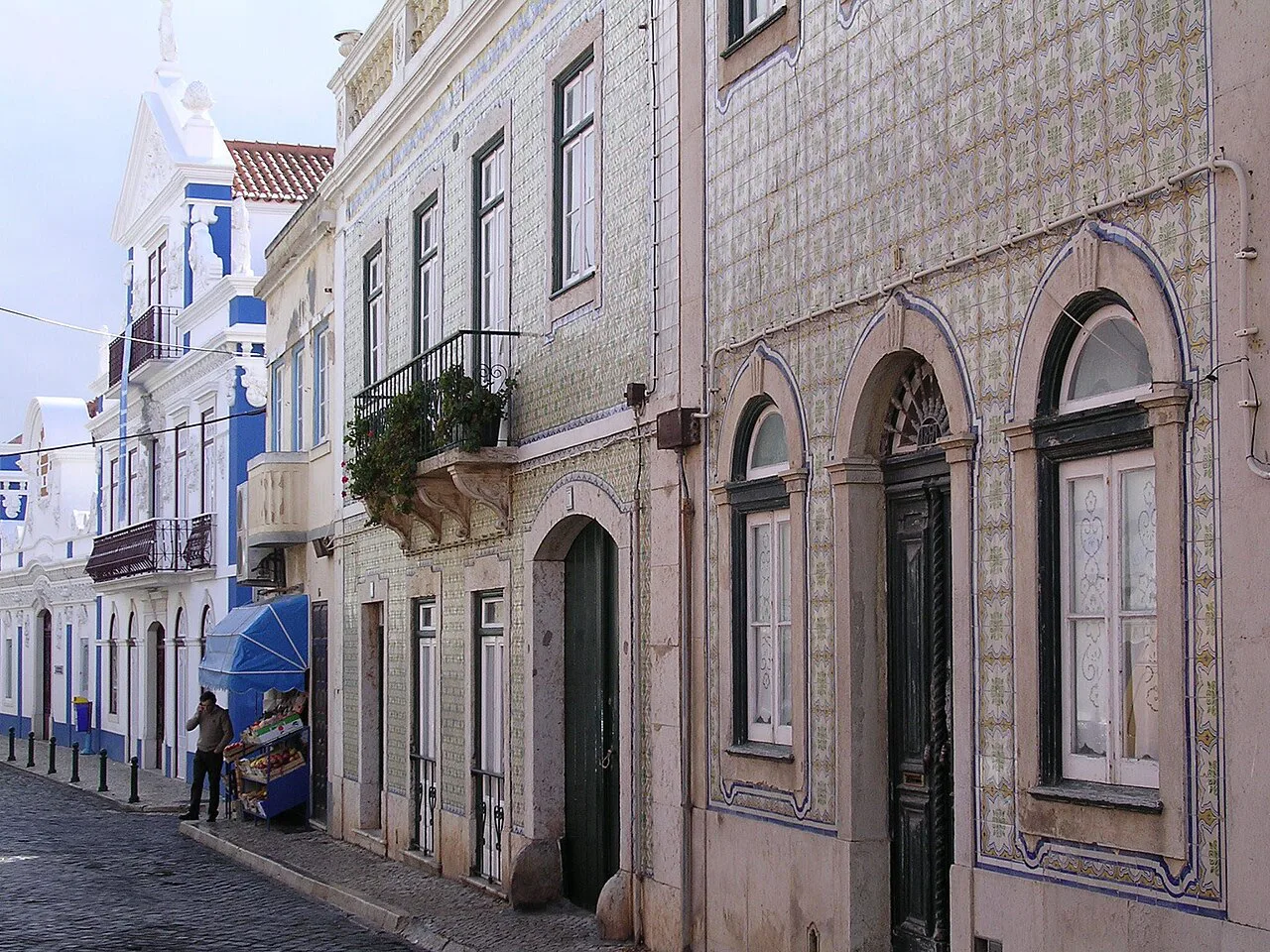 Tile-covered house fronts on Rua Mendes Leal in Ericeira.
