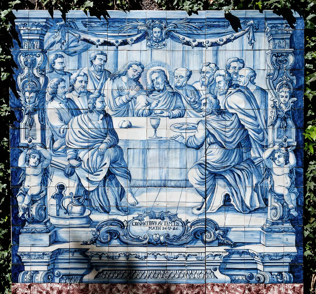 A blue and white azulejo panel of the Last Supper at Monte Palace Tropical Garden in Funchal.