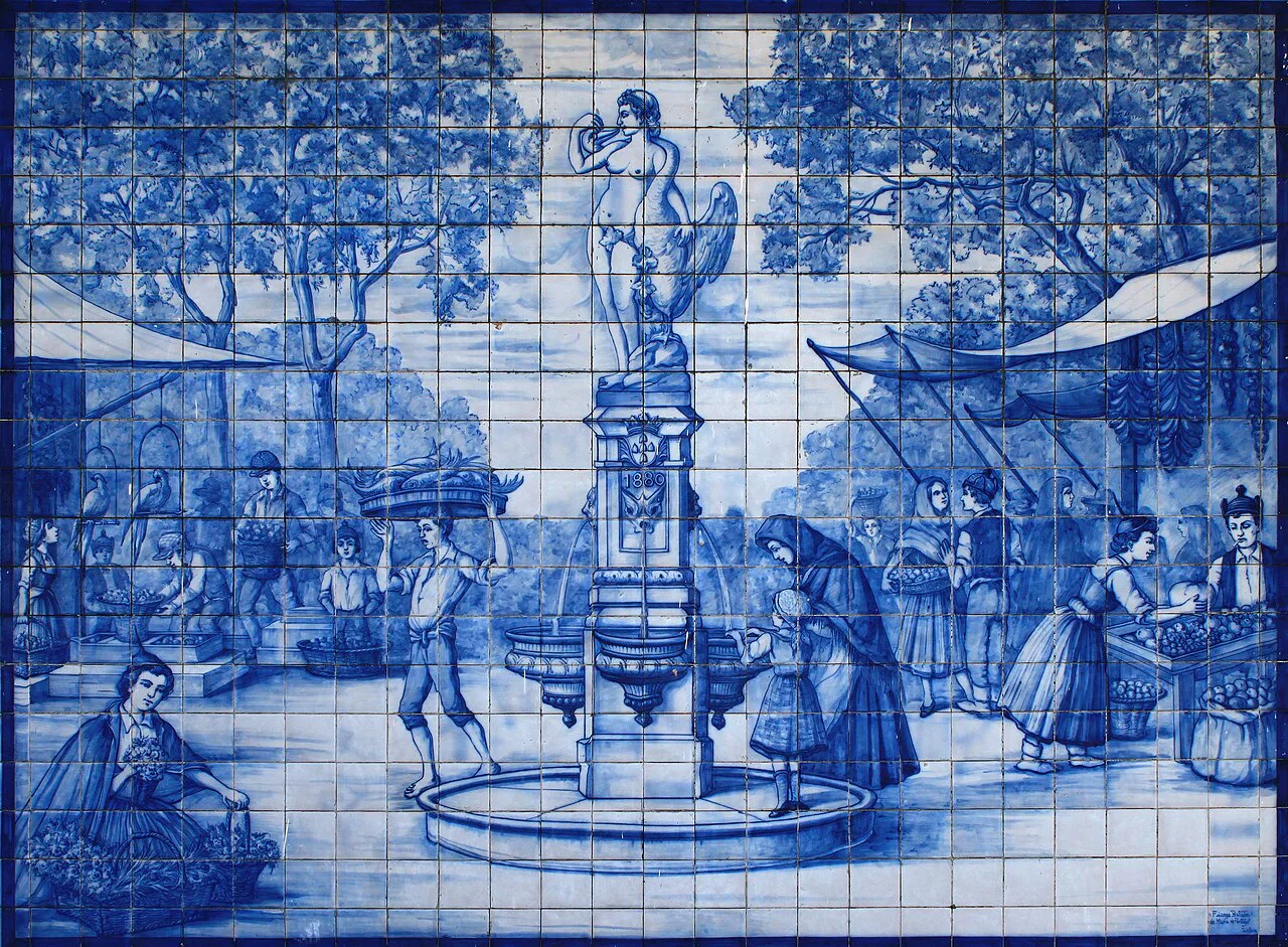 Blue-and-white azulejo panel of a market scene at the Mercado dos Lavradores in Funchal.