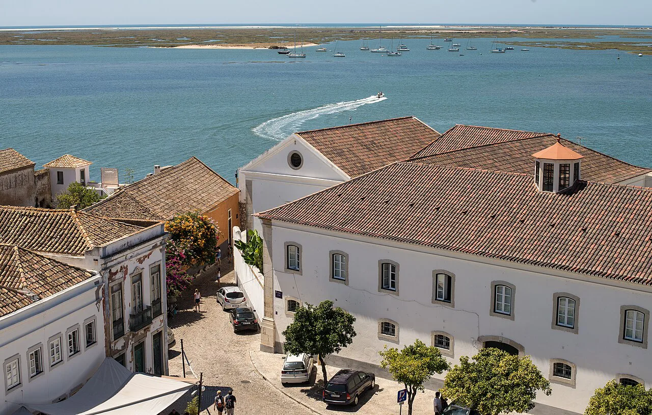 Rooftops of Faro and the Ria Formosa seen from the tower of Faro Cathedral.