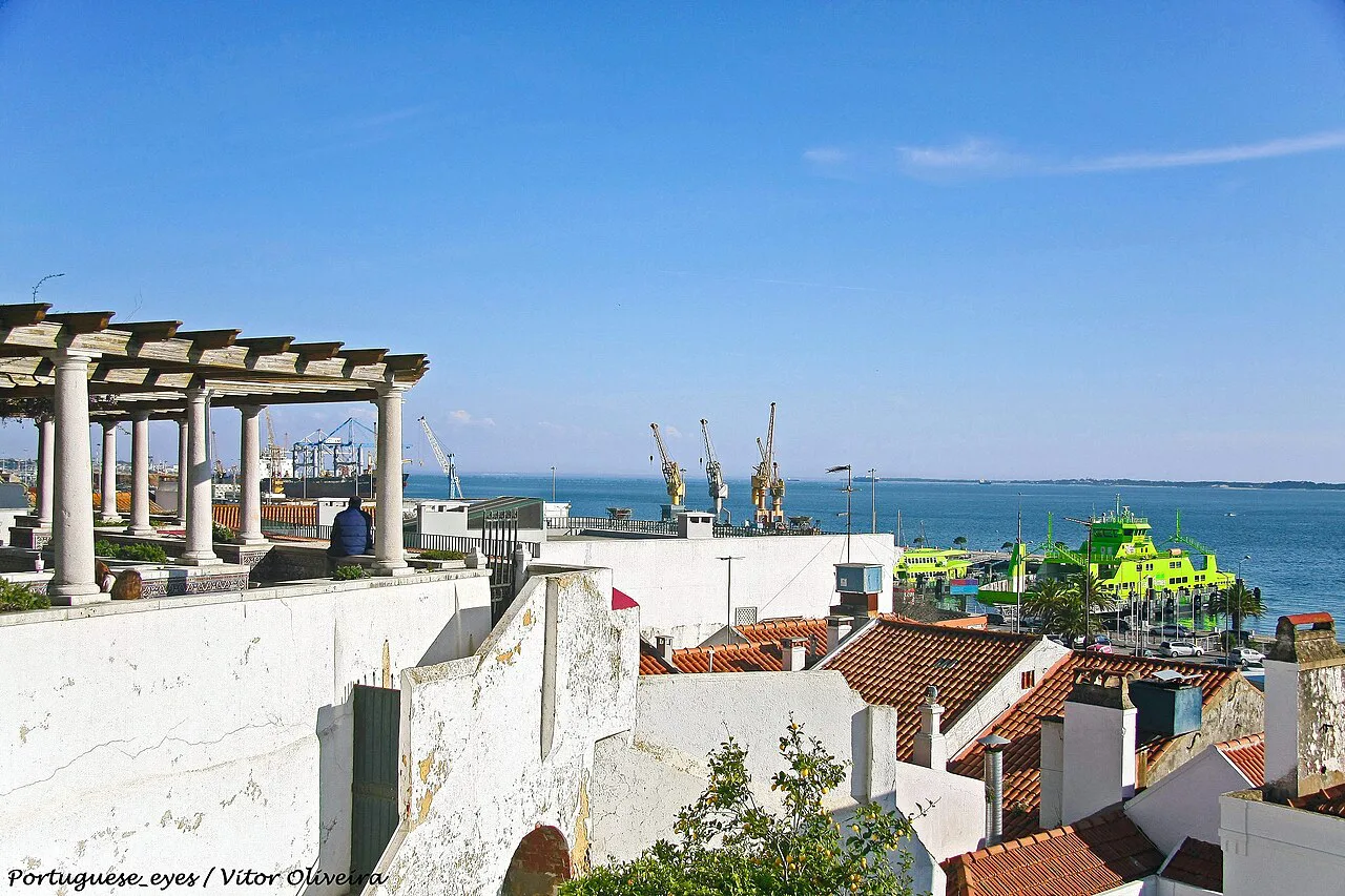 Rooftops and the waterfront seen from the Miradouro de São Sebastião in Setúbal.