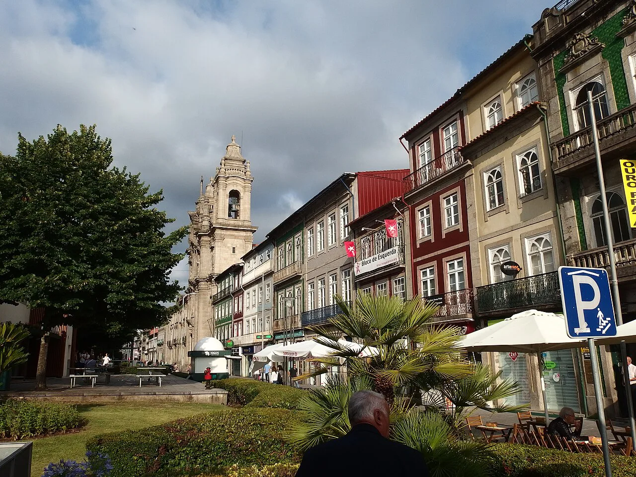 Buildings and a church tower on Praça da República in Braga.