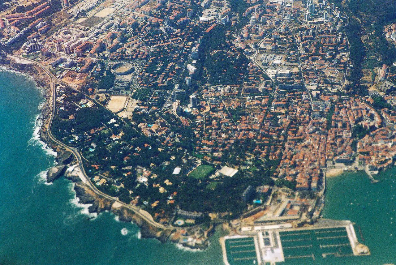 An aerial view of Cascais and its coastline.