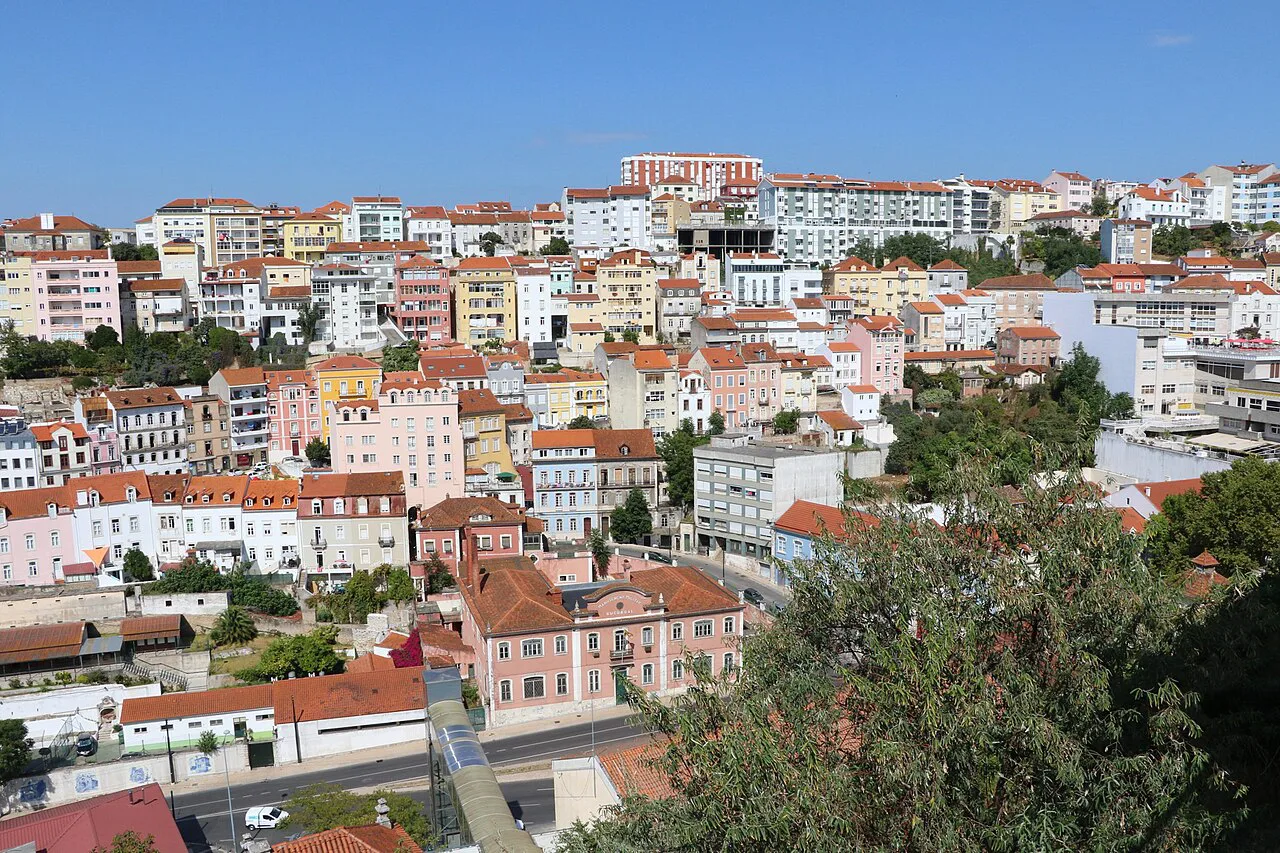 Houses on a hillside in Coimbra, seen from the Elevador do Mercado.