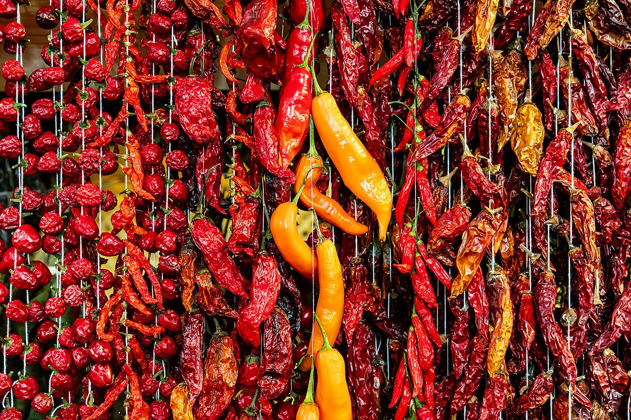 Strings of dried peppers hanging in the Mercado dos Lavradores in Funchal.