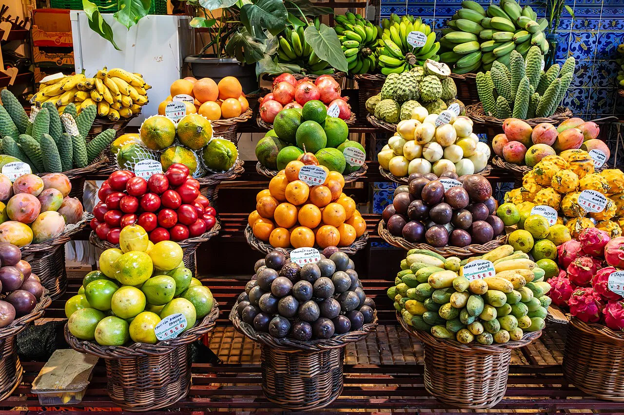 Baskets of fruit for sale in the Mercado dos Lavradores in Funchal.