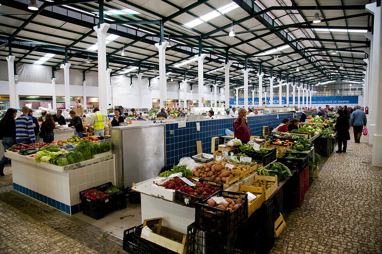 Produce stalls inside the Mercado Municipal in Setúbal.