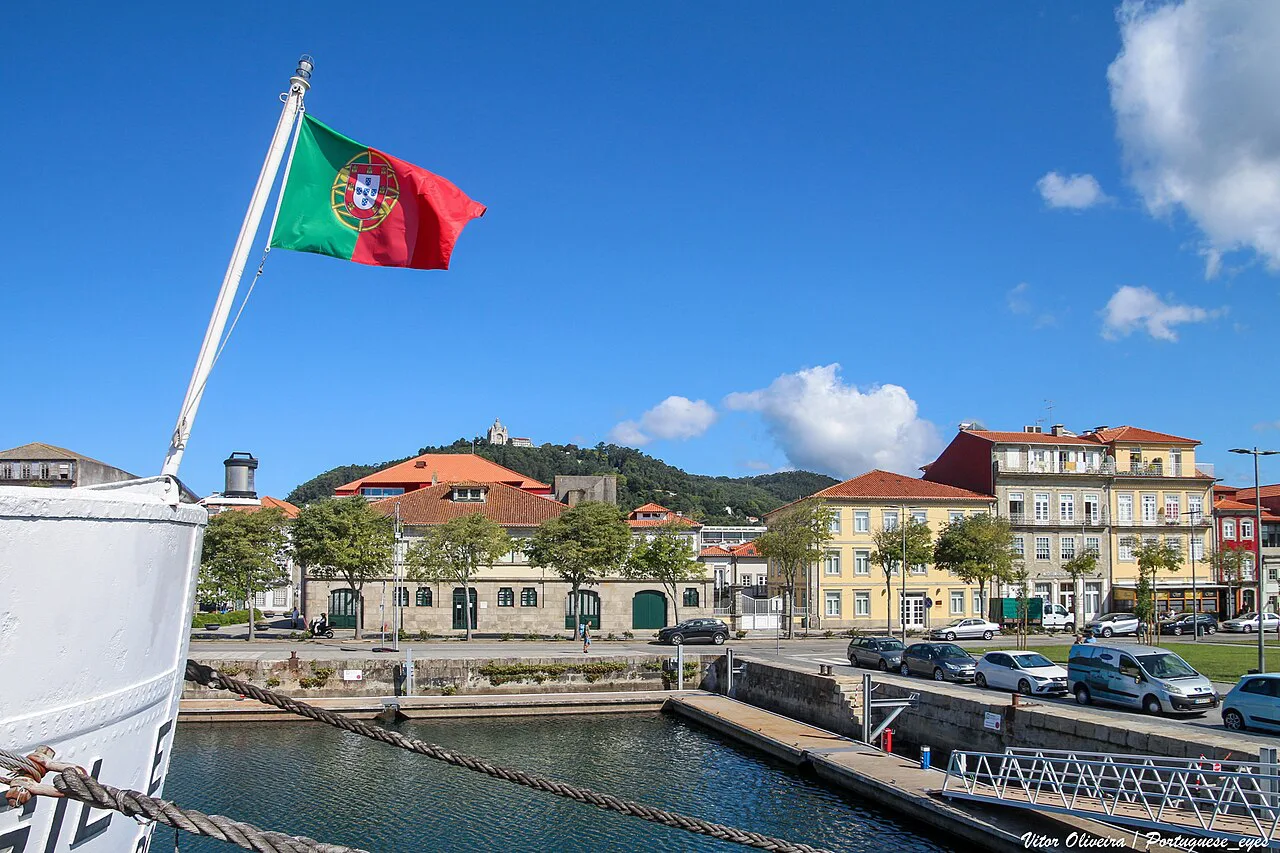 The Viana do Castelo waterfront seen from the deck of the Gil Eannes ship.