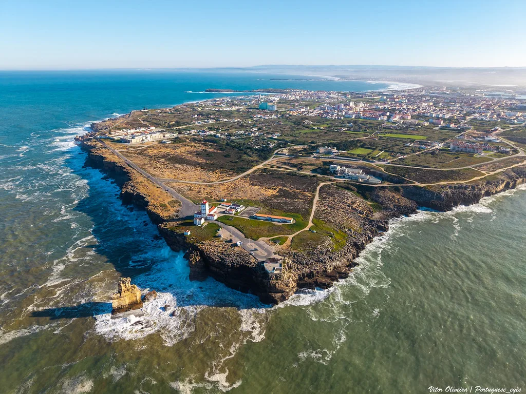 An aerial view of the Cabo Carvoeiro headland at Peniche.