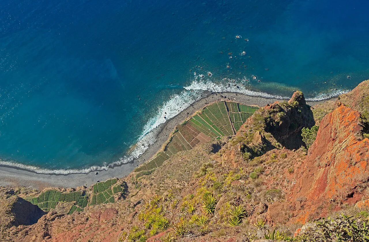 The coastal fajã seen from the Miradouro do Cabo Girão in Madeira.