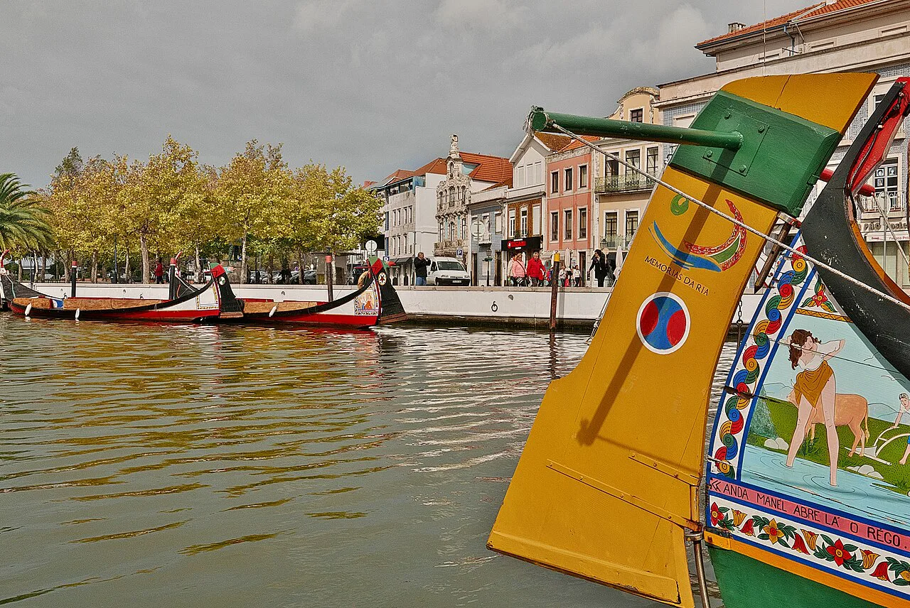 Painted moliceiro boats on the Central Canal of the Ria de Aveiro.