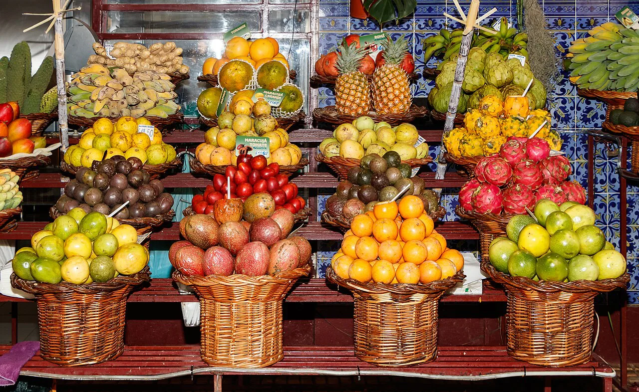 Baskets of fruit on a stall at the Mercado dos Lavradores in Funchal.
