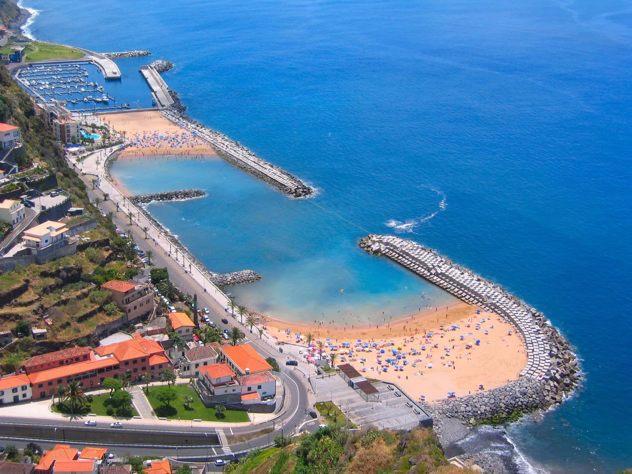 Aerial view of the man-made beach at Calheta, Madeira.