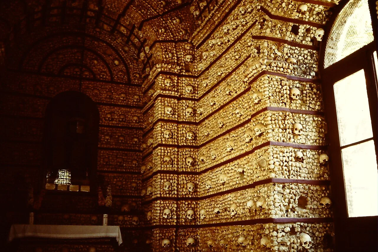 Walls lined with bones inside the Capela dos Ossos in Faro.