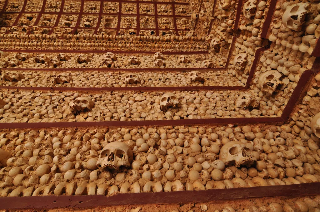 Human skulls set into the walls of the Chapel of Bones in Faro.