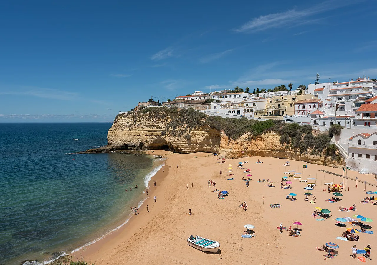 Carvoeiro Beach and the clifftop village of Carvoeiro seen from the east.