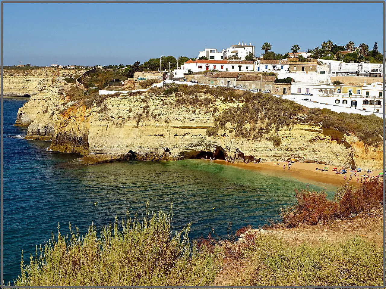 Carvoeiro's white houses on the cliffs above the sea.
