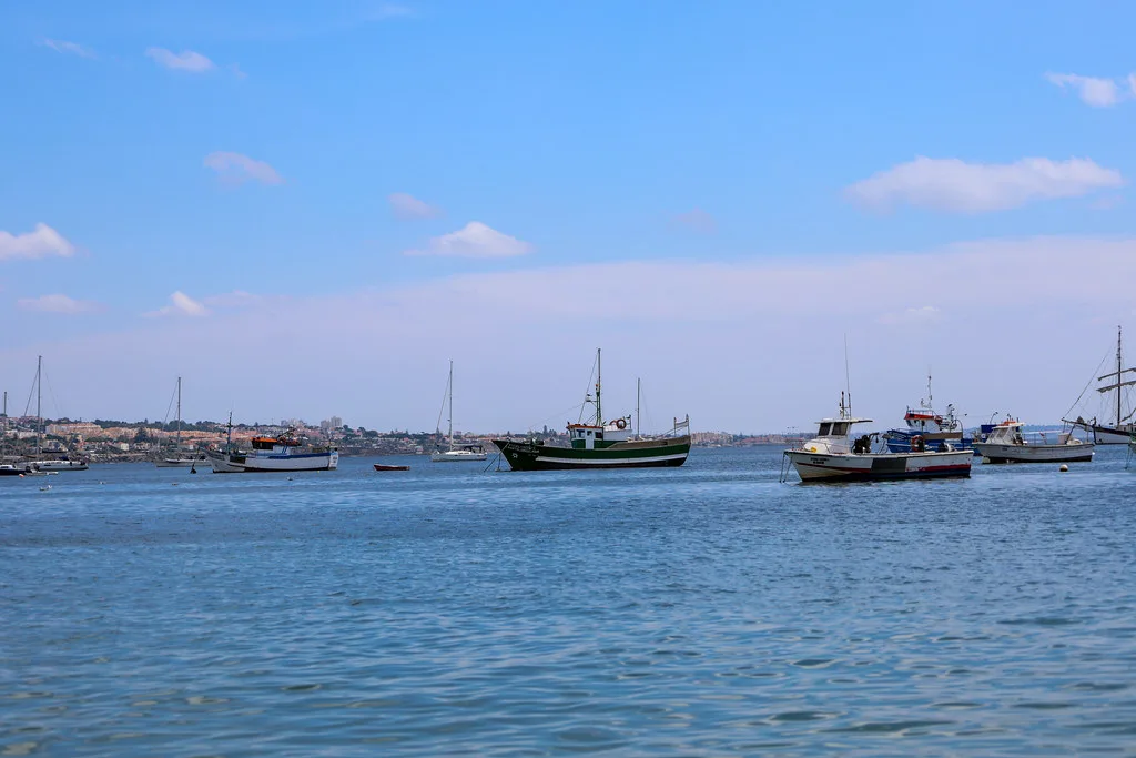 Boats moored in the bay at Cascais.