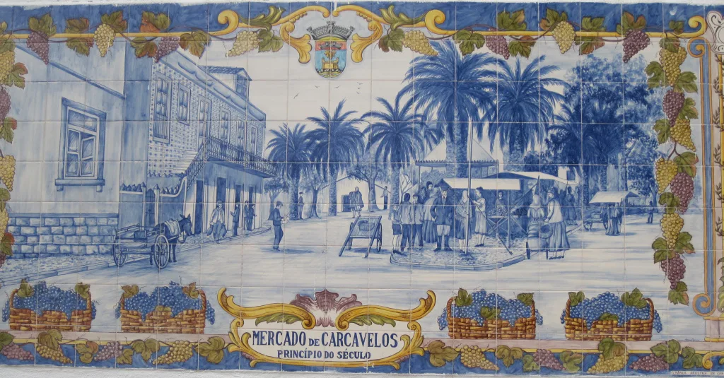 An azulejo street mural depicting the early 20th-century village market in Carcavelos, near Cascais.