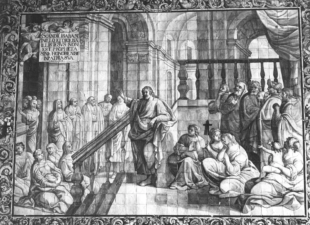A black-and-white archival photograph of 18th-century azulejos showing New Testament scenes in the Igreja da Misericórdia in Évora.