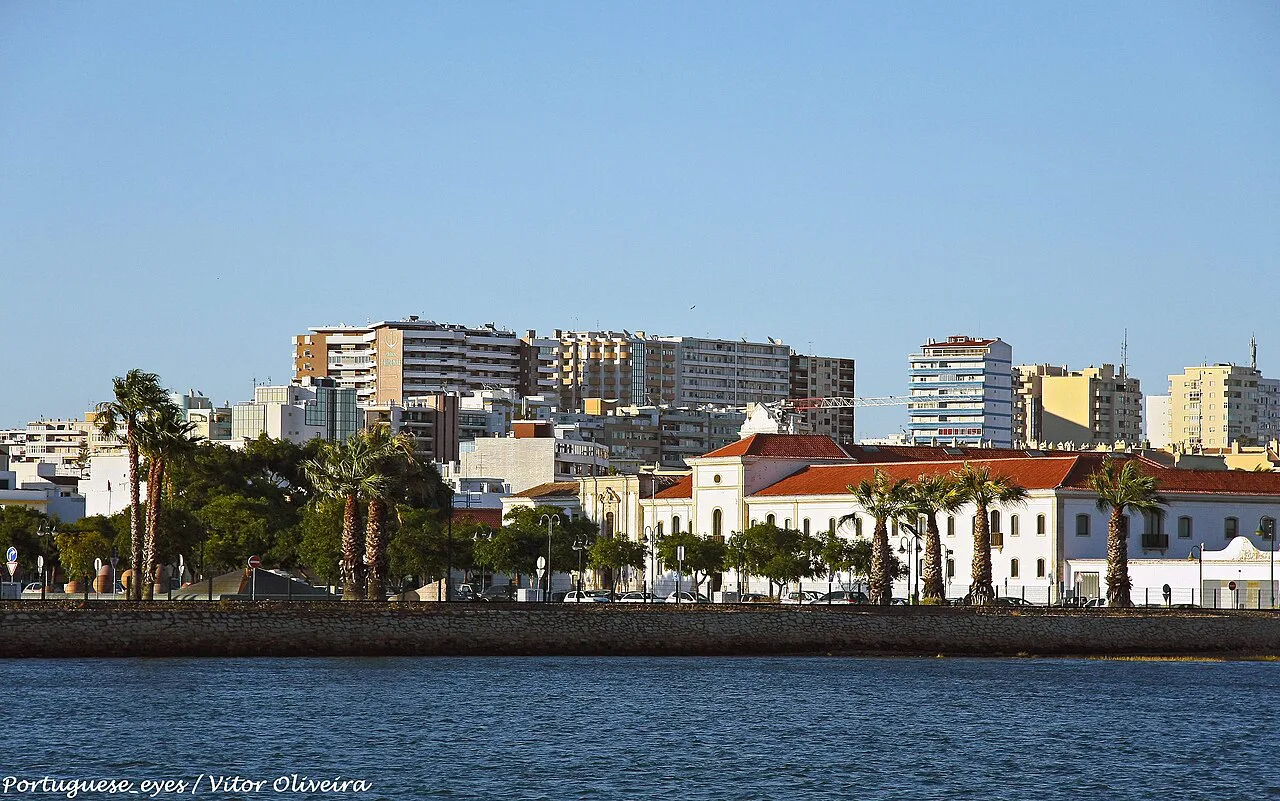 The Faro waterfront seen across the water.