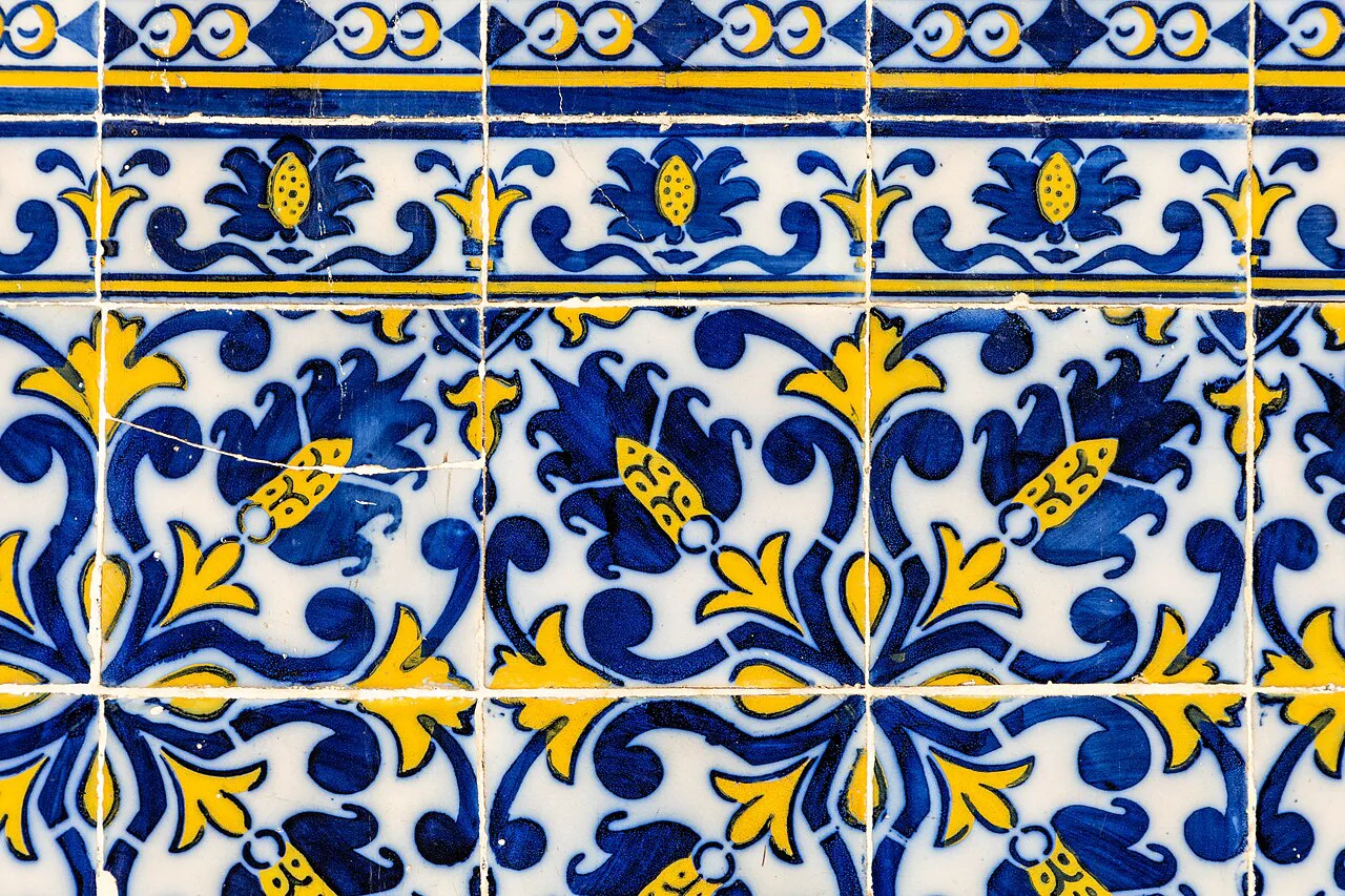 Blue-and-yellow azulejo tiles in the Mercado dos Lavradores in Funchal, Madeira.