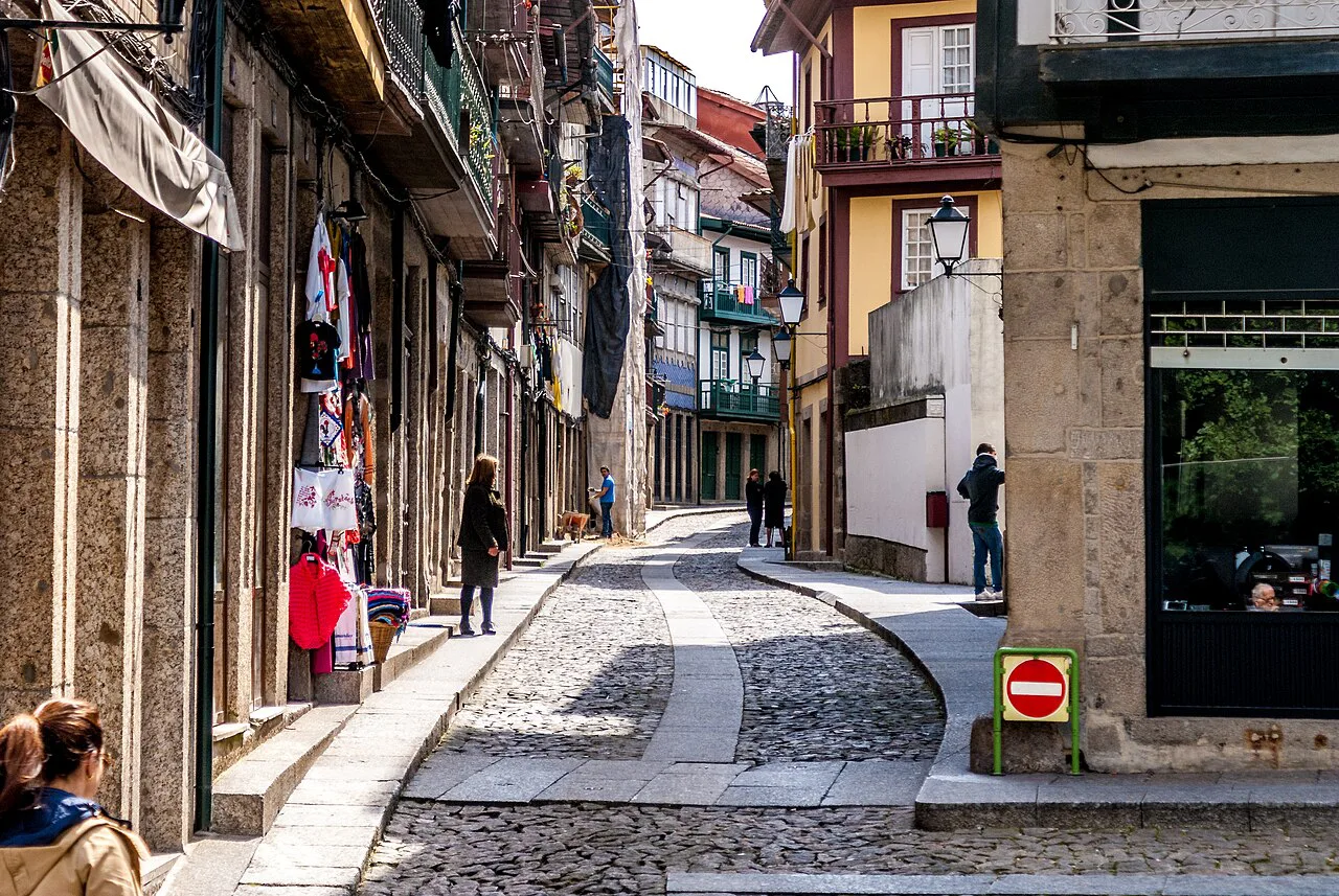 A cobbled street in the historic centre of Guimarães.