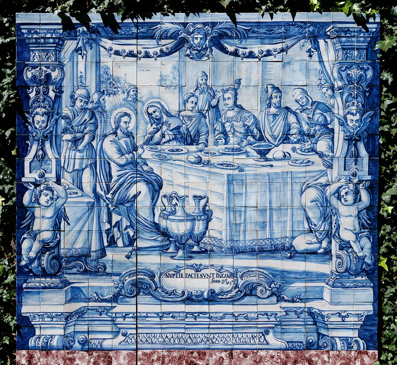 A blue-and-white azulejo panel of the Wedding at Cana at Monte Palace Tropical Garden, Funchal.