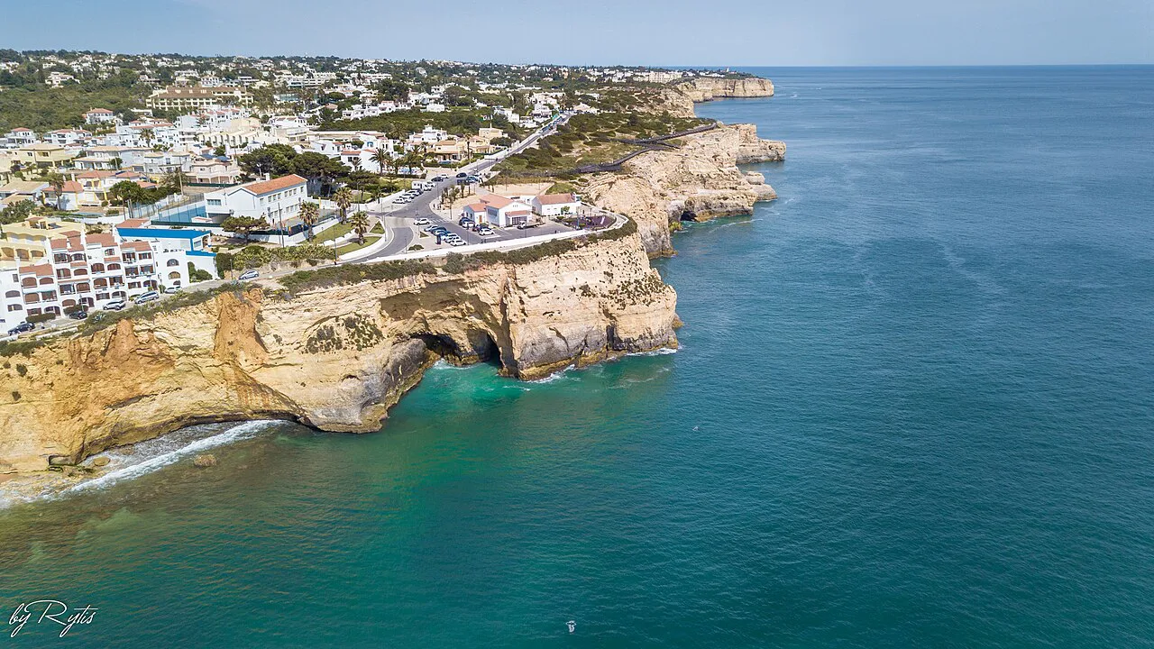 An aerial view of Carvoeiro and its cliffs in the Algarve.