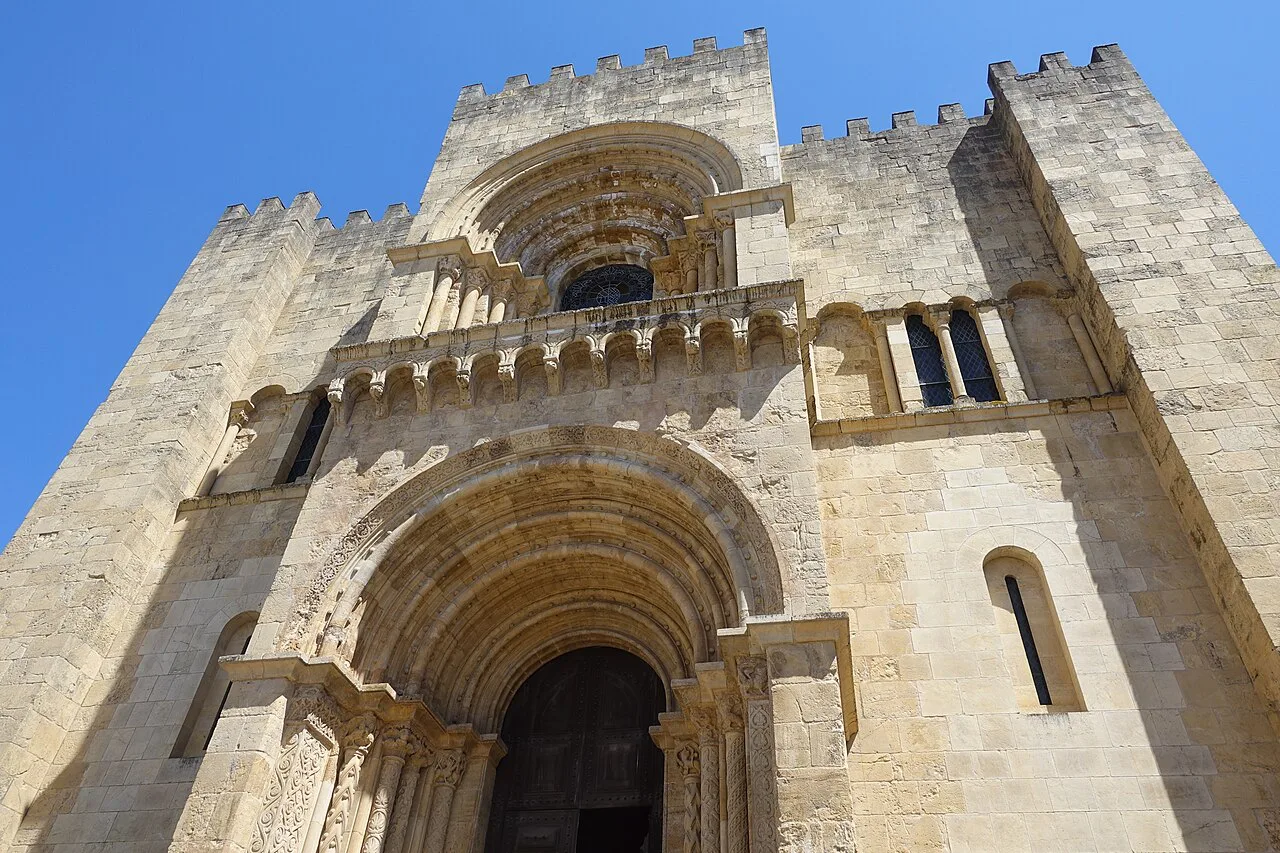 The main façade of the Sé Velha in Coimbra.