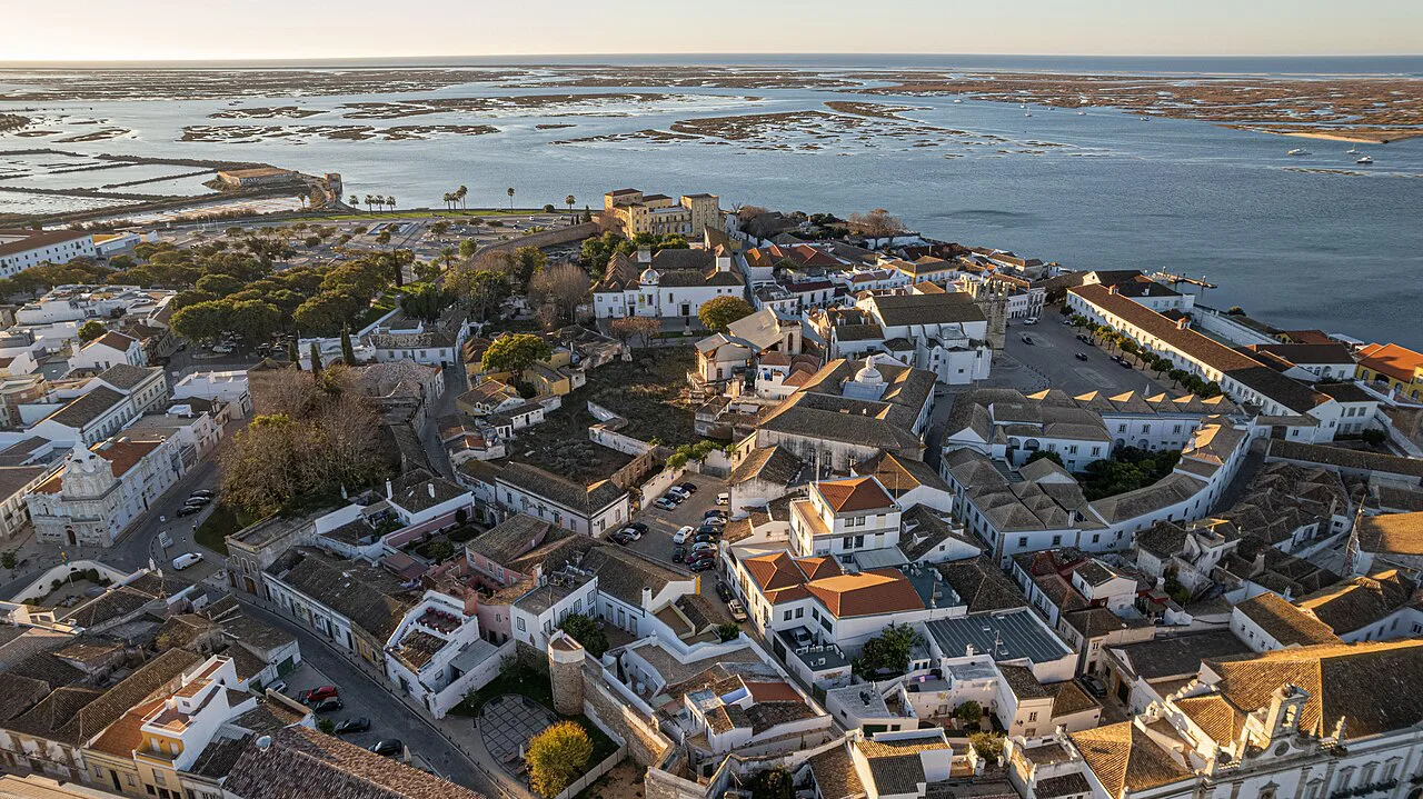 An aerial view over the old town of Faro towards the Ria Formosa lagoon.