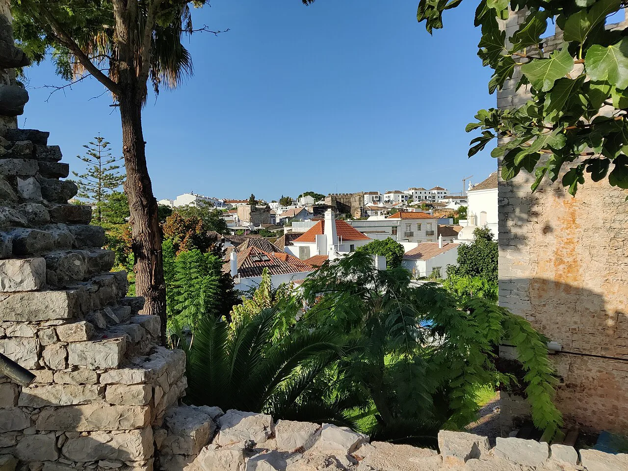 Palm trees and rooftops of Tavira seen from old stone walls.