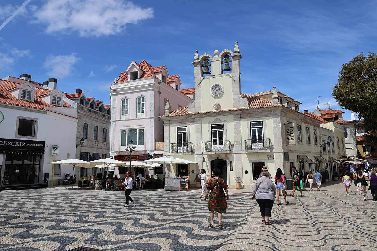 Wave-patterned calçada paving in a square in central Cascais.