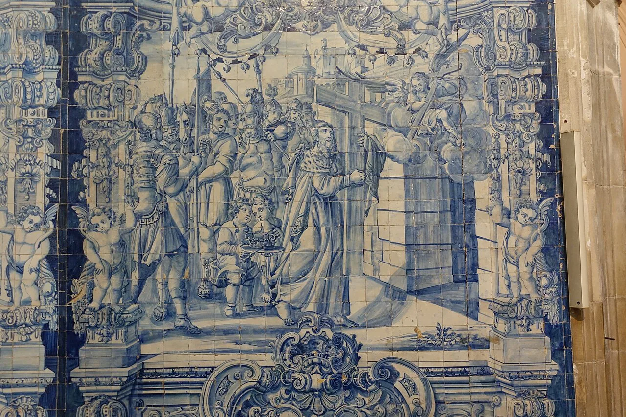 A blue-and-white azulejo panel photographed in Coimbra.