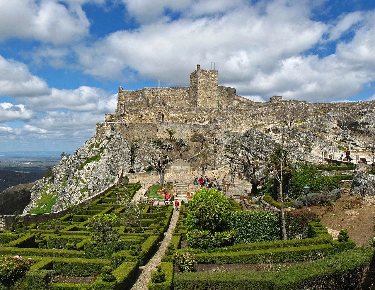 Marvão Castle above its formal box-hedge garden.
