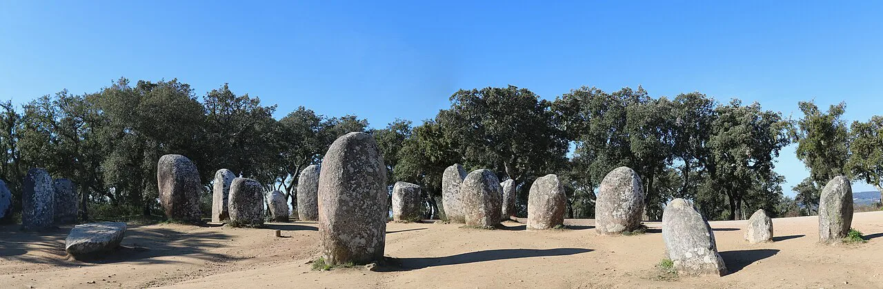 Standing stones of the Cromeleque dos Almendres in the Alentejo, seen from the south-east.