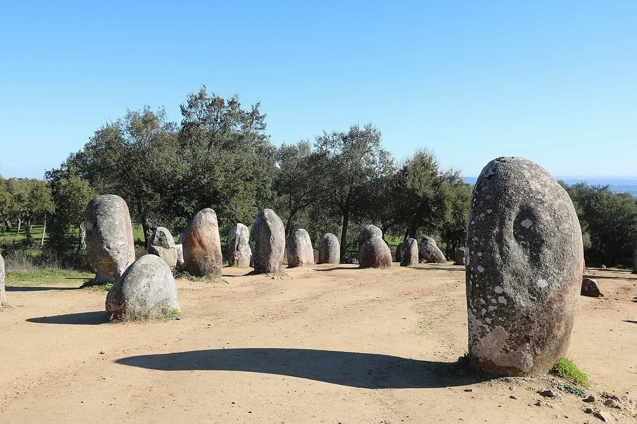 Granite menhirs of the Cromeleque dos Almendres in the Alentejo, seen from the south-west.
