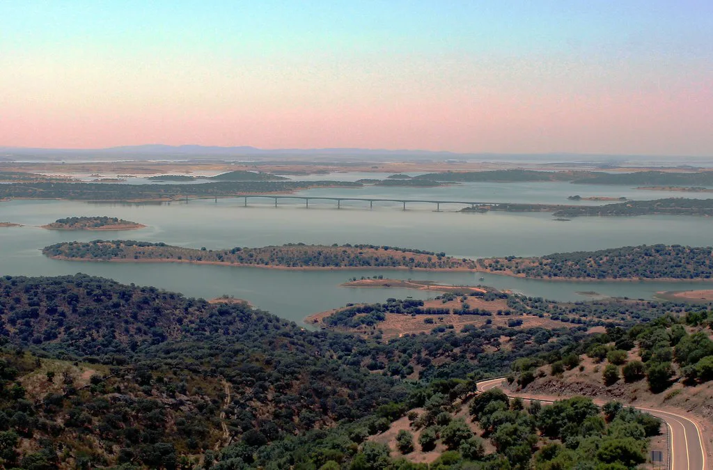 A view over the Alqueva landscape near Monsaraz at dusk.