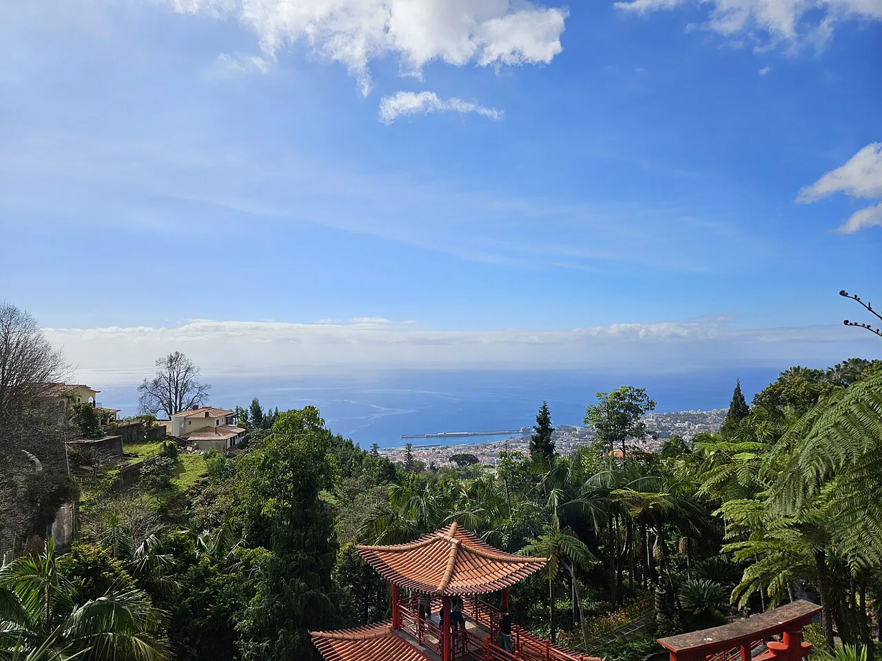 An oriental-style pavilion and view to the sea at Monte Palace Tropical Garden in Funchal.
