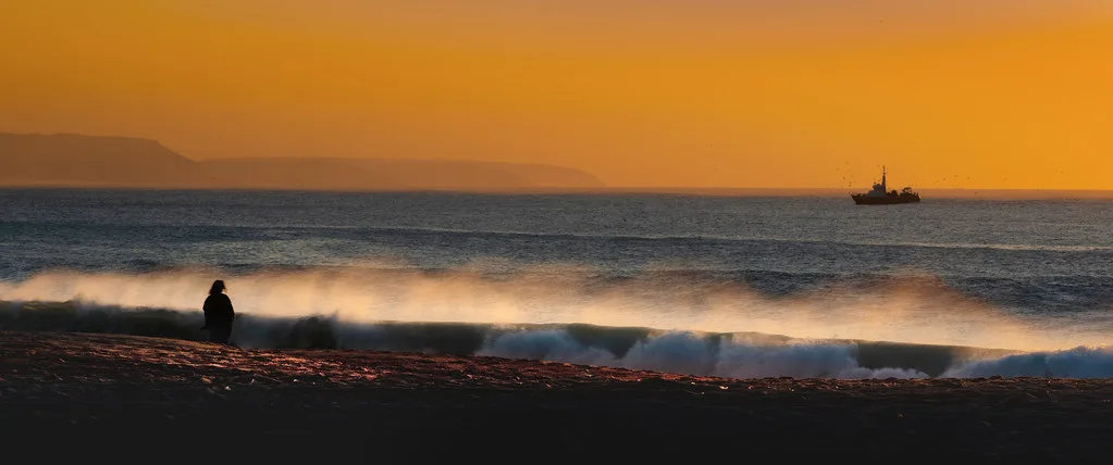 Spray rising from waves breaking off Nazaré at sunset.