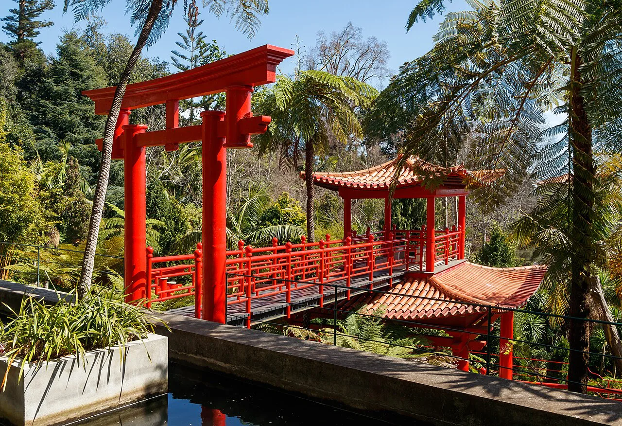 A red torii and pagoda in the Oriental Gardens of the Monte Palace Tropical Garden above Funchal.
