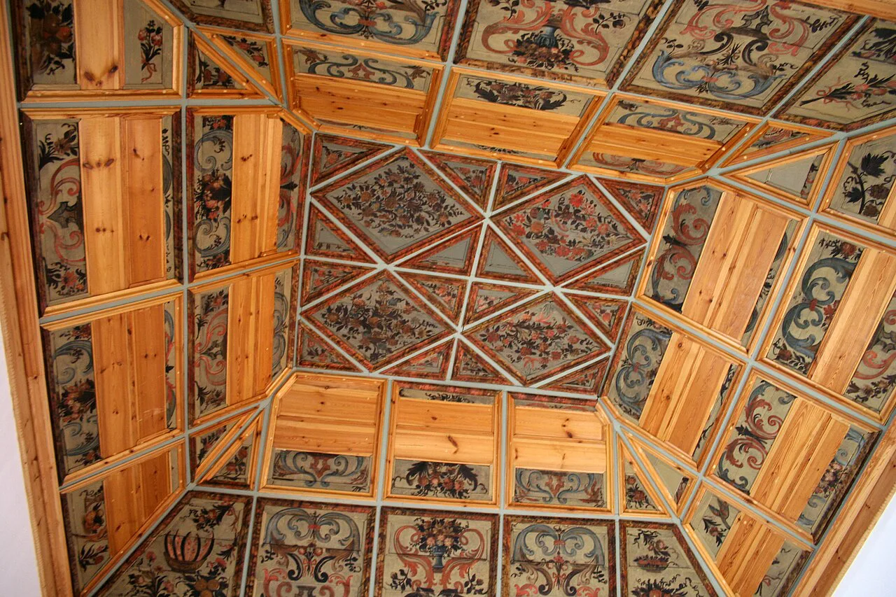 A painted wooden ceiling in one of the rooms of the Palácio da Galeria in Tavira.