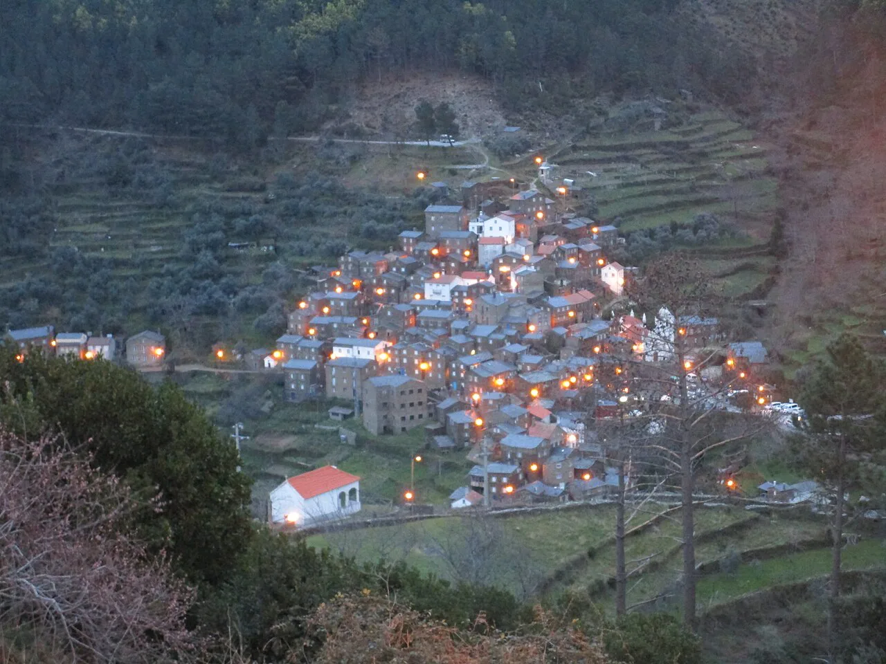 The schist village of Piódão at dusk.