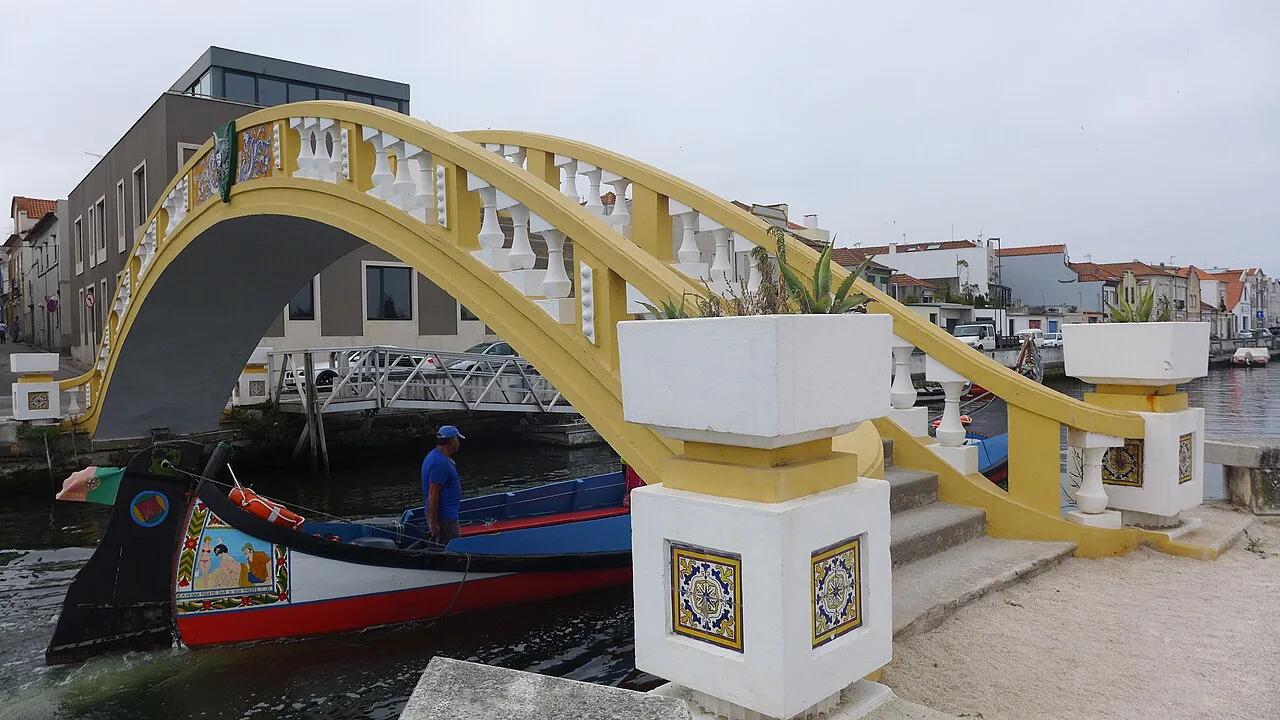 The Ponte de Carcavelos footbridge over a canal in Aveiro, with a moliceiro below.